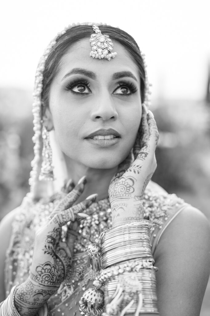 bride's portait at the sunset in Tuscany with her wedding indian dress