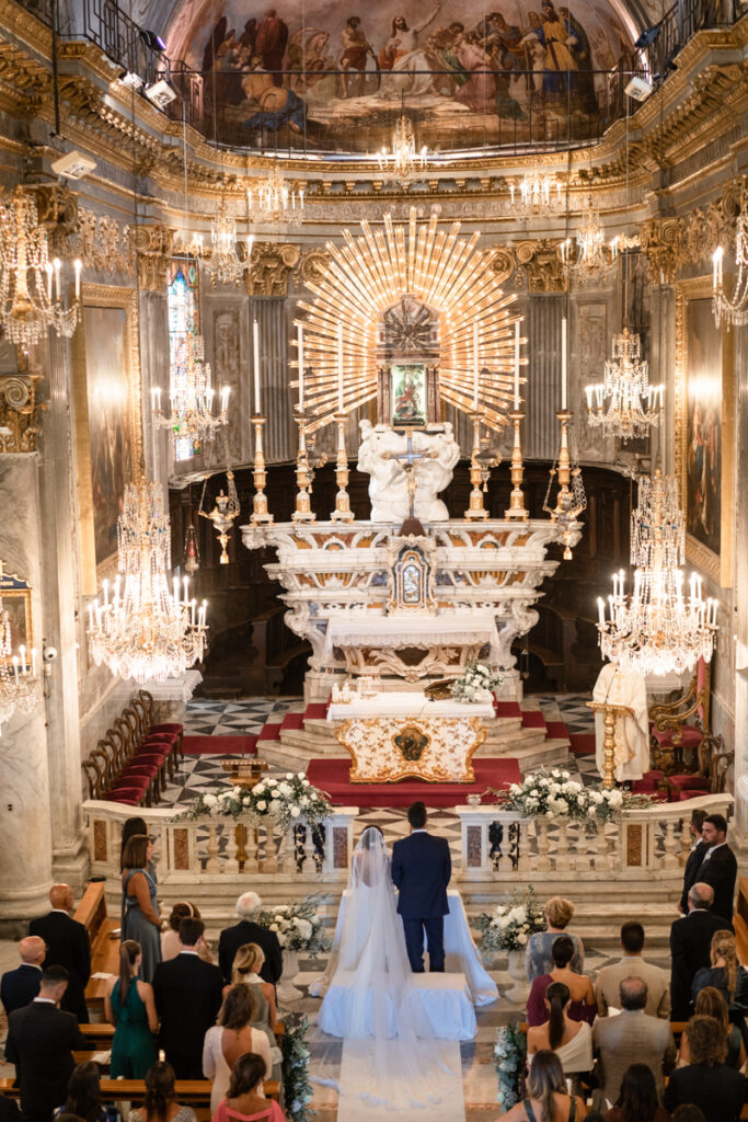 Photos Giorgia Cenni e Lorenzo Di Giovanni wedding in portofino September 2023 Italy, Francesca Piccini Dress for sky sport journalist inside the church