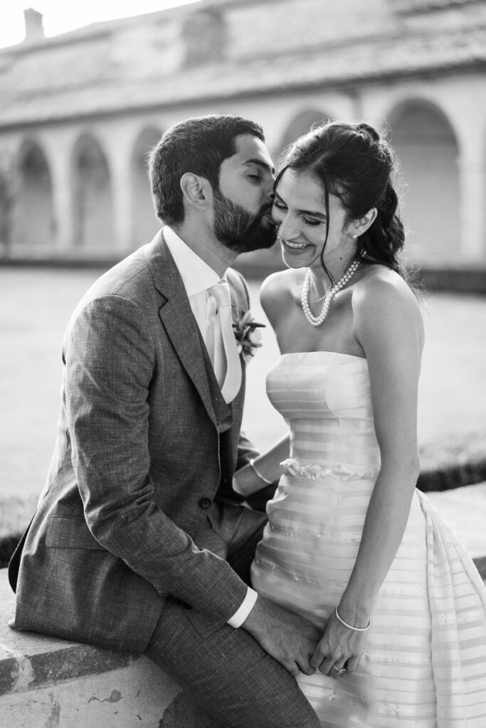 wedding photographer in Tuscany, Italy style, best wedding venue certosa di Pontignano, convento, bride dress by Peter Langner, kiss and emotion