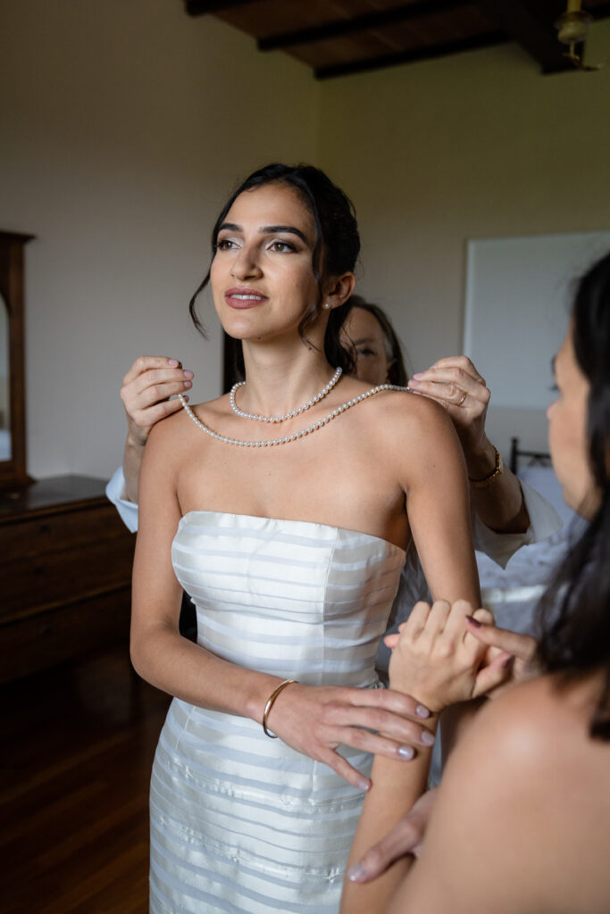 wedding photographer in Tuscany, Italy style, best venue certosa di Pontignano, convento, bride dress by Peter Langner, bride getting ready