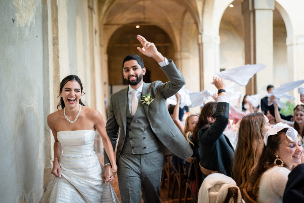 wedding photographer in Tuscany, Italy style, best wedding venue certosa di Pontignano, convento, bride dress by Peter Langner, to the party