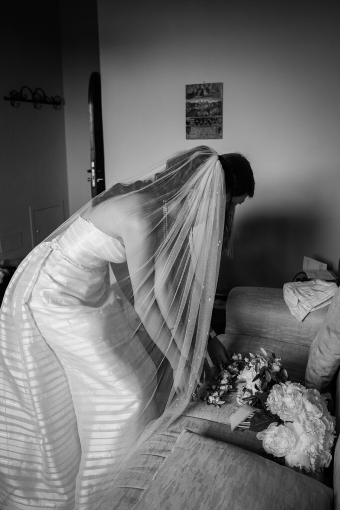 wedding photographer in Tuscany, Italy style, best venue certosa di Pontignano, convento, bride dress by Peter Langner london brand, bride getting ready