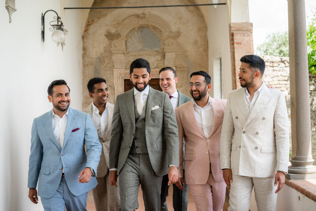 wedding photographer in Tuscany, Italy style, best venue certosa di Pontignano, convento,groom and groomsmen
