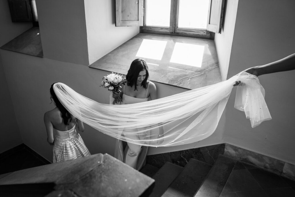 wedding photographer in Tuscany, Italy style, best venue certosa di Pontignano, convento, bride dress by Peter Langner, bride portait