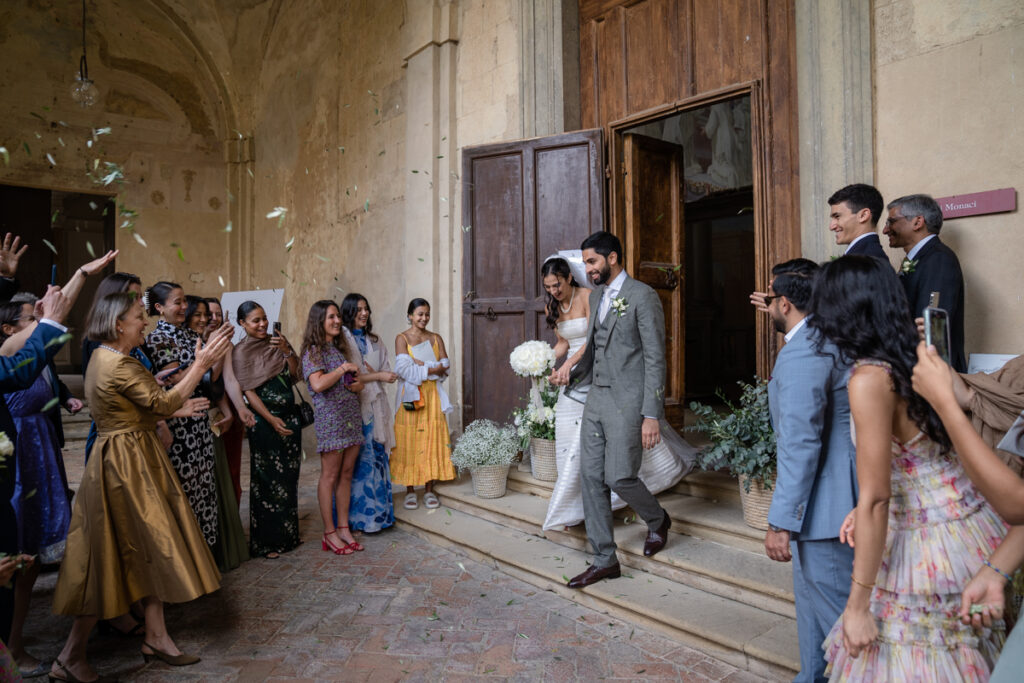 wedding photographer in Tuscany, Italy style, best wedding venue certosa di Pontignano, convento, bride dress by Peter Langner, to the cerimony